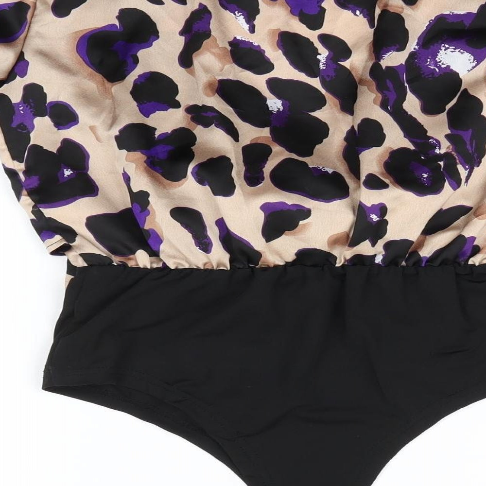 Nasty Gal Womens Beige Animal Print Polyester Basic Blouse Size 8 V-Neck - Blouse bodysuit combined Tie front Purple Black print
