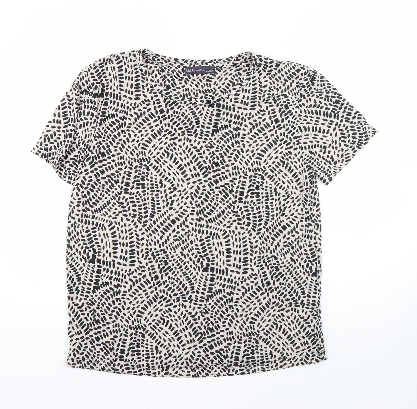m&s Womens White Animal Print Polyester Basic T-Shirt Size 10 Round Neck