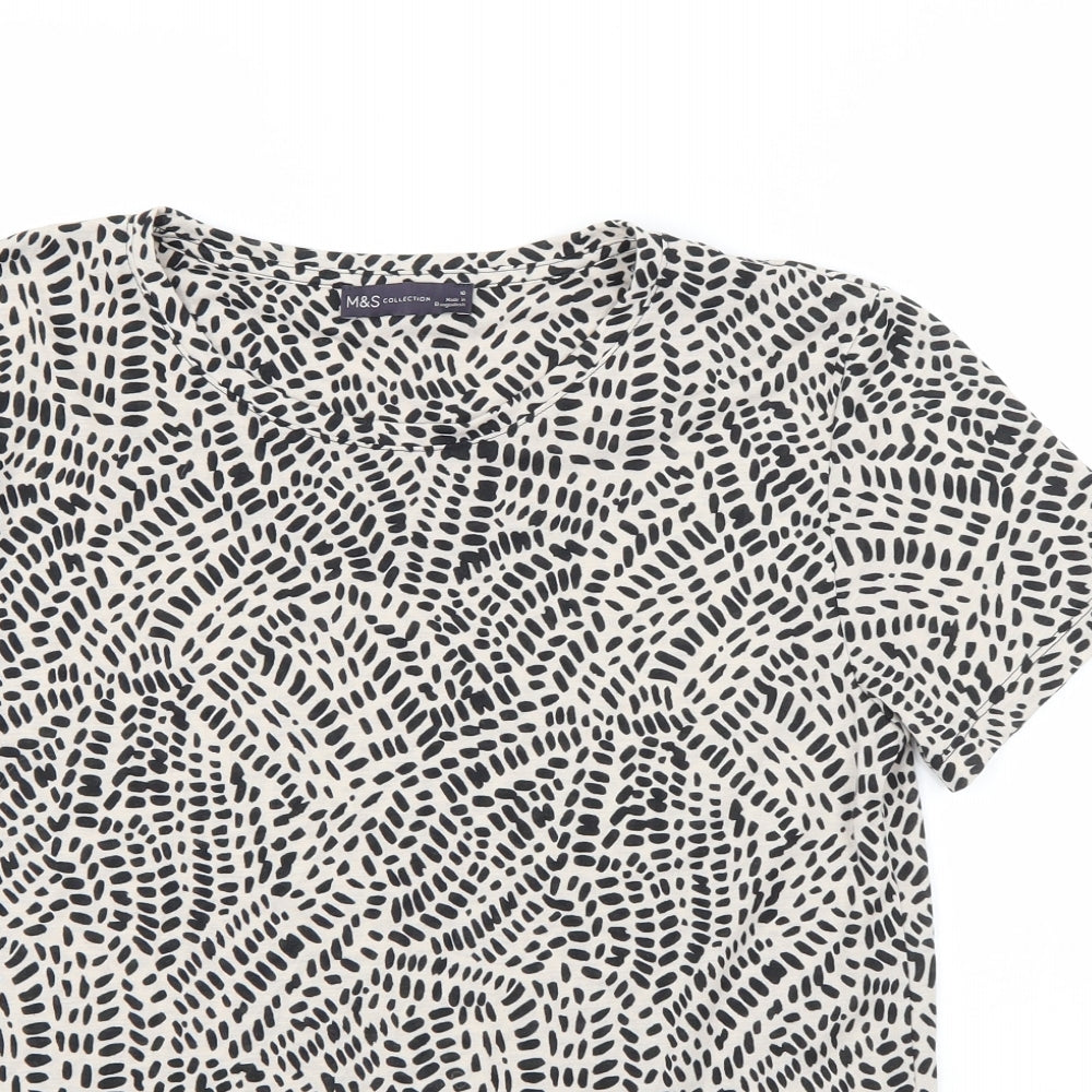 m&s Womens White Animal Print Polyester Basic T-Shirt Size 10 Round Neck
