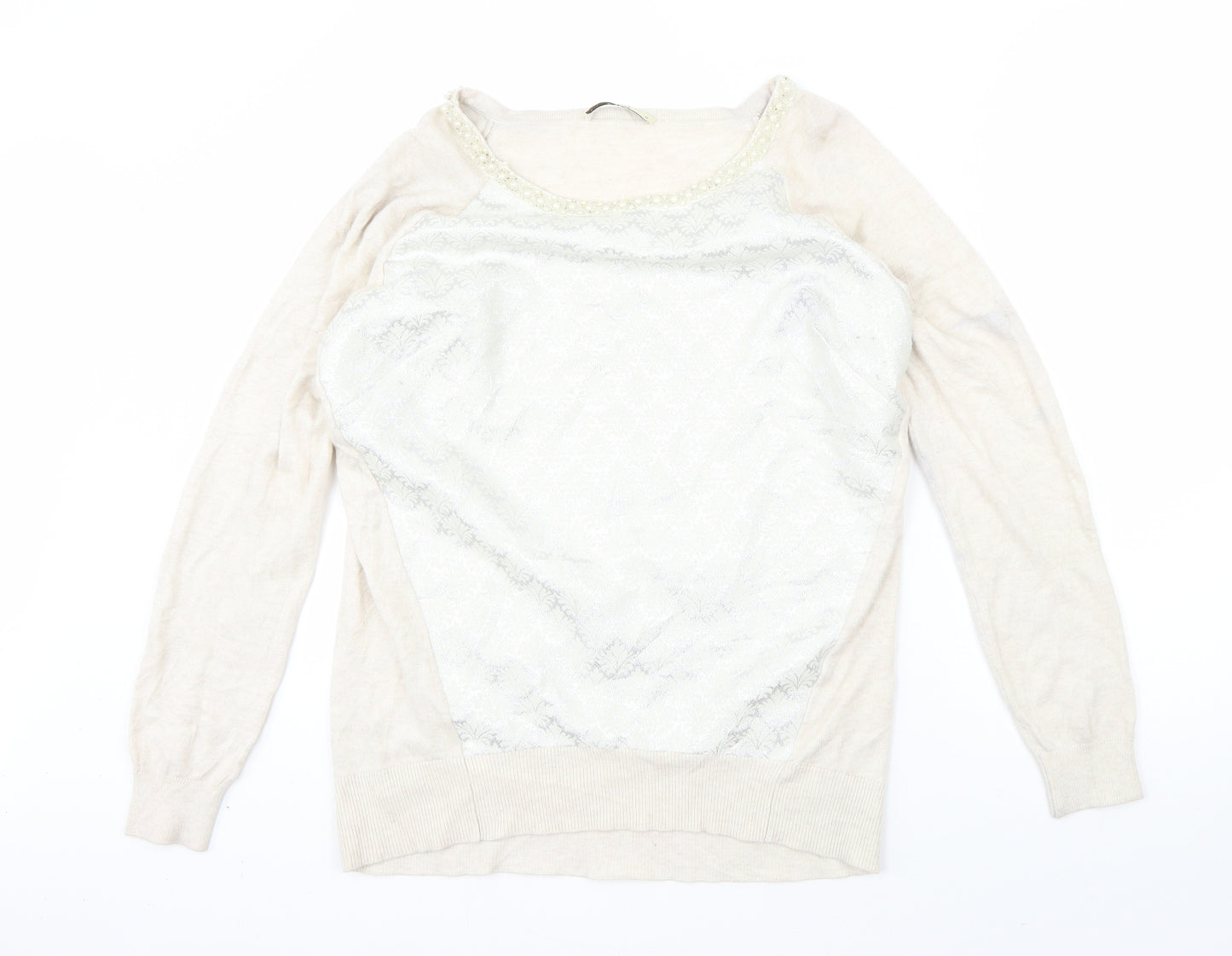 Oasis Womens Beige Round Neck  Polyester Pullover Jumper Size M