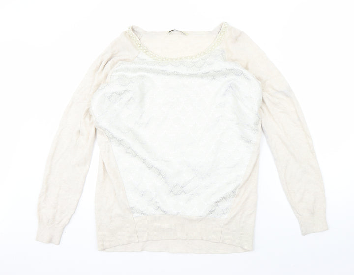 Oasis Womens Beige Round Neck Polyester Pullover Jumper Size M