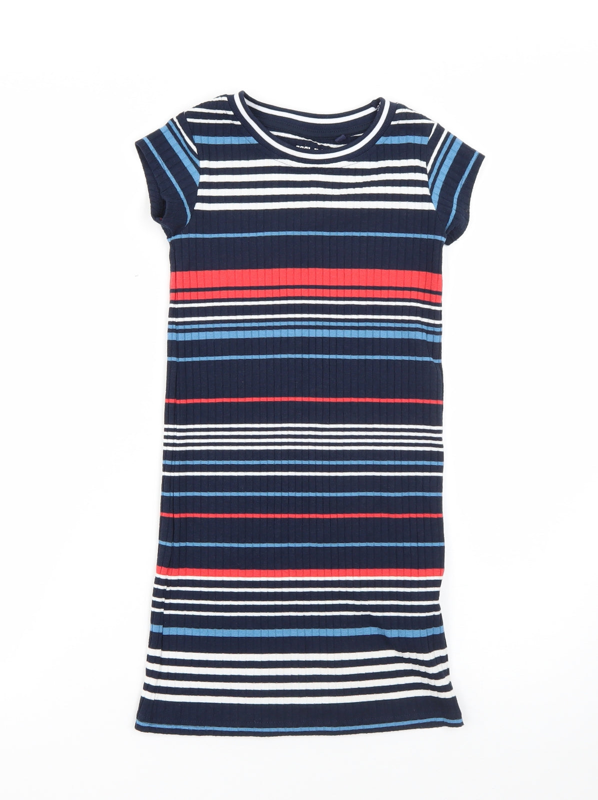 NEXT Girls Blue Striped Viscose T-Shirt Dress  Size 5 Years  Round Neck