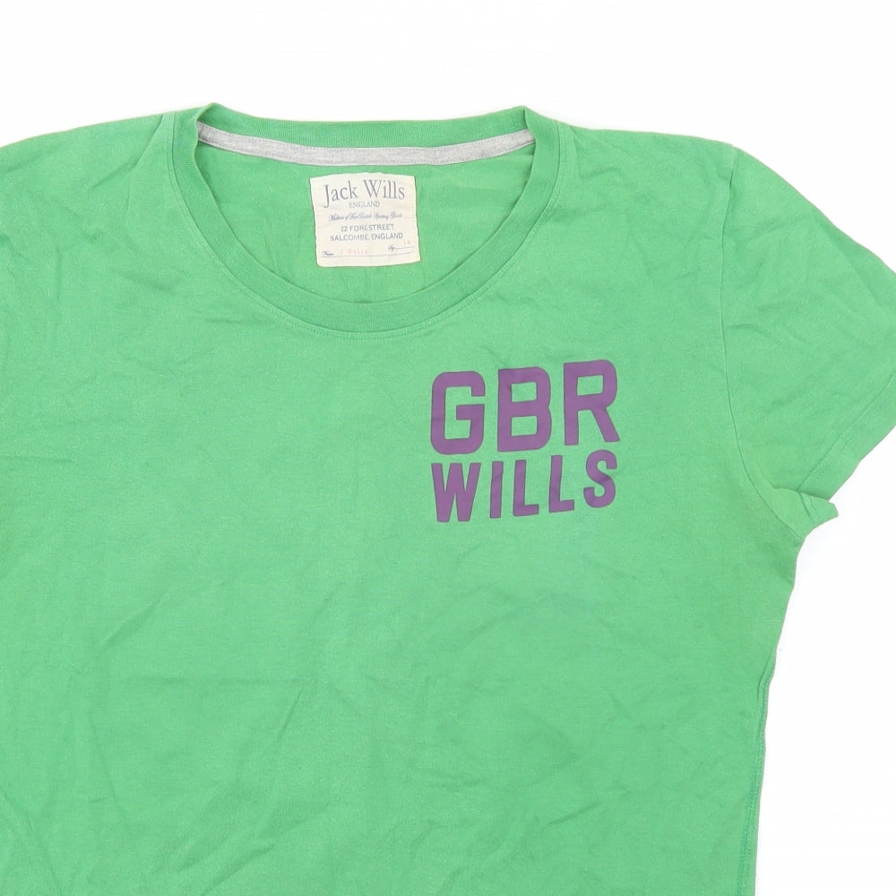 Jack Wills Womens Green  Cotton Basic T-Shirt Size 14 Round Neck