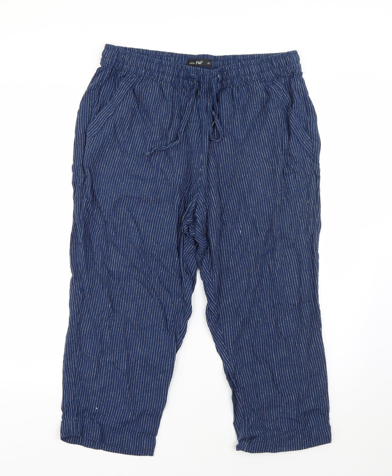 F&F Womens Blue Striped Linen Dress Pants Trousers Size 14 L20 in Regular Drawstring