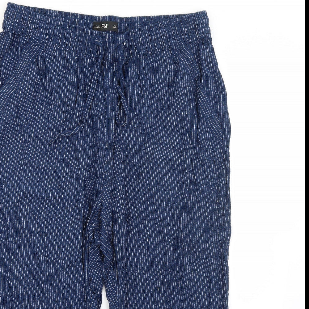 F&F Womens Blue Striped Linen Dress Pants Trousers Size 14 L20 in Regular Drawstring
