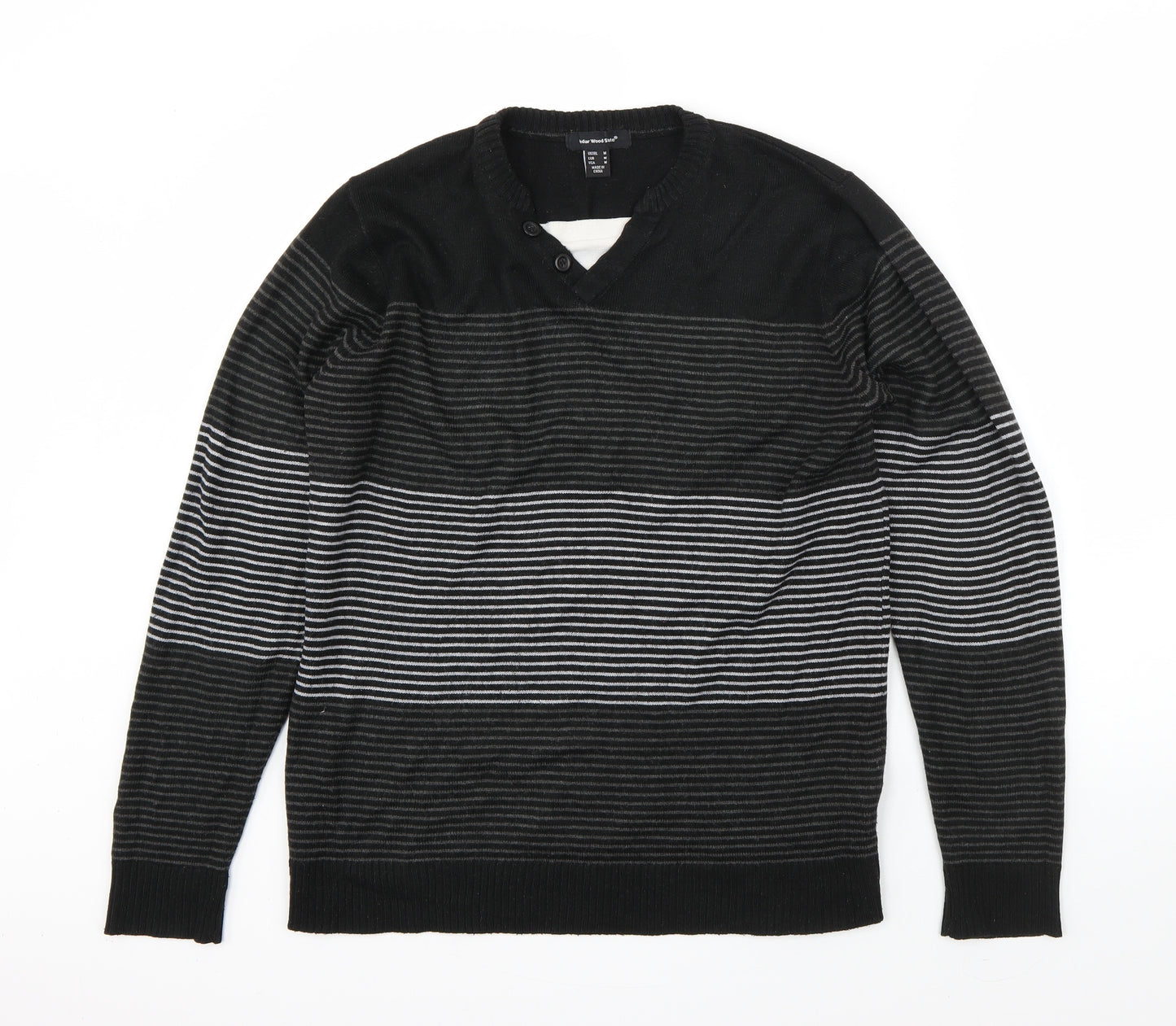 Cedar Wood State Mens Black V-Neck Striped Acrylic Pullover Jumper Size M