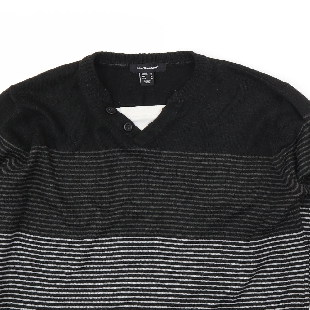 Cedar Wood State Mens Black V-Neck Striped Acrylic Pullover Jumper Size M
