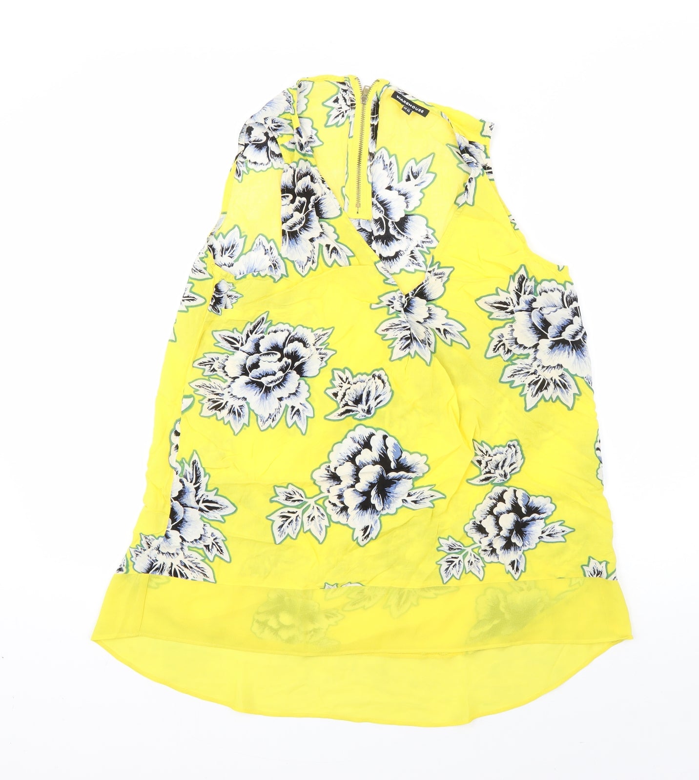 Warehouse Womens Yellow Floral Viscose Basic Blouse Size 12 Round Neck