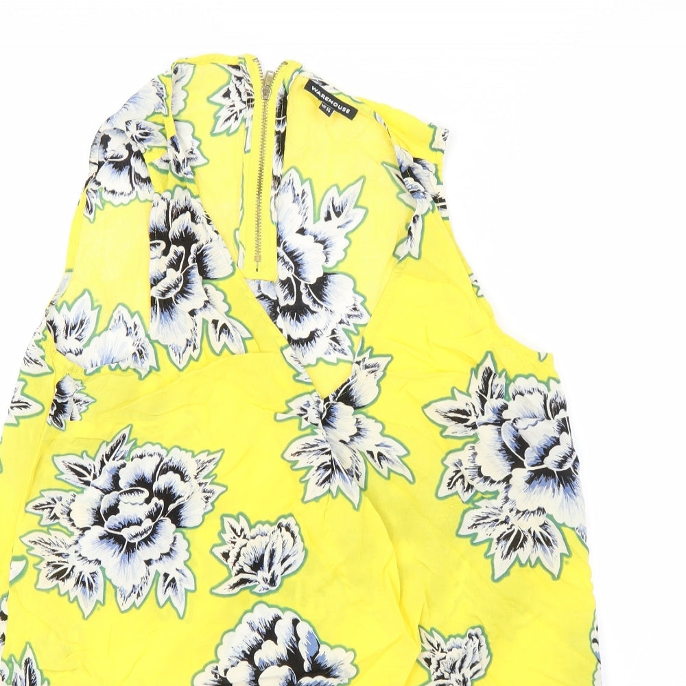 Warehouse Womens Yellow Floral Viscose Basic Blouse Size 12 Round Neck