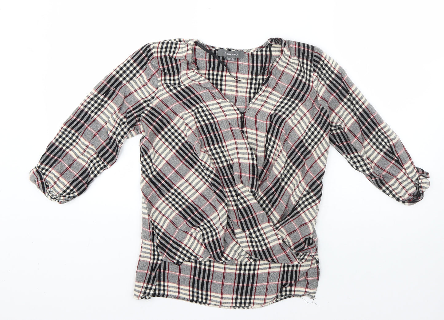 Primark Womens Beige Plaid Viscose Basic Blouse Size 10 Round Neck