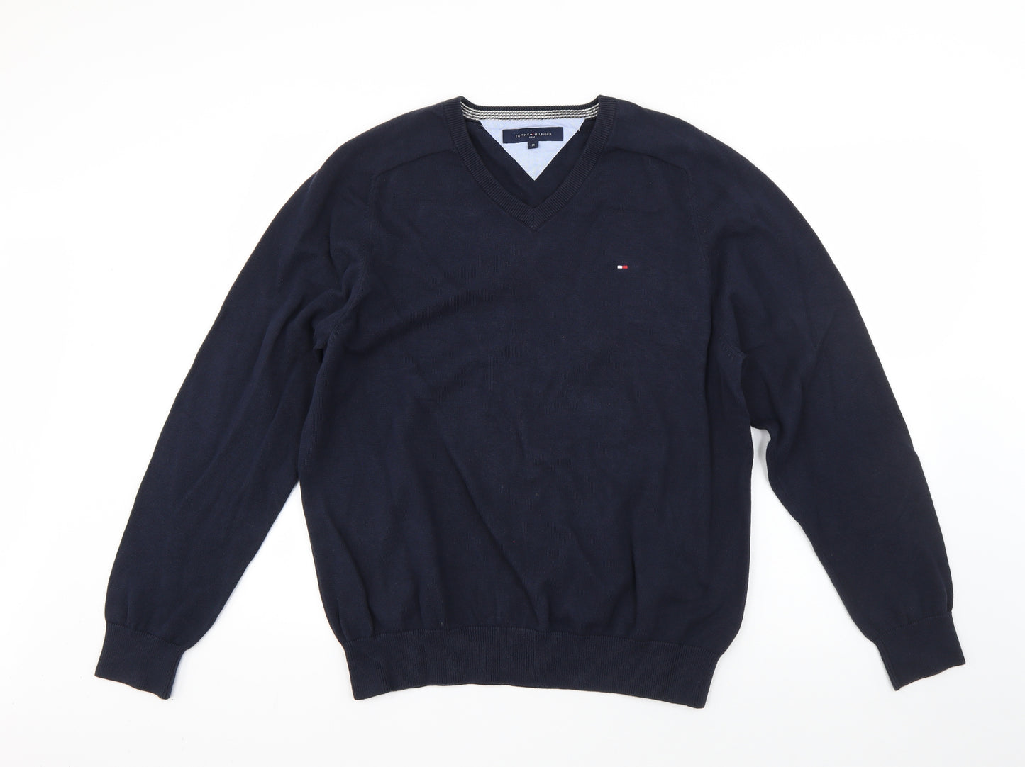 Tommy Hilfiger Mens Blue V-Neck  Cotton Pullover Jumper Size M