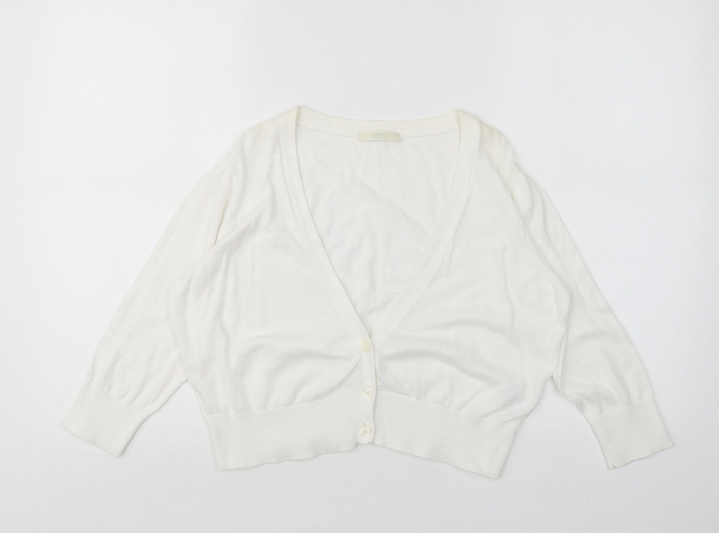 M&S Womens White V-Neck  Cotton Cardigan Jumper Size 16