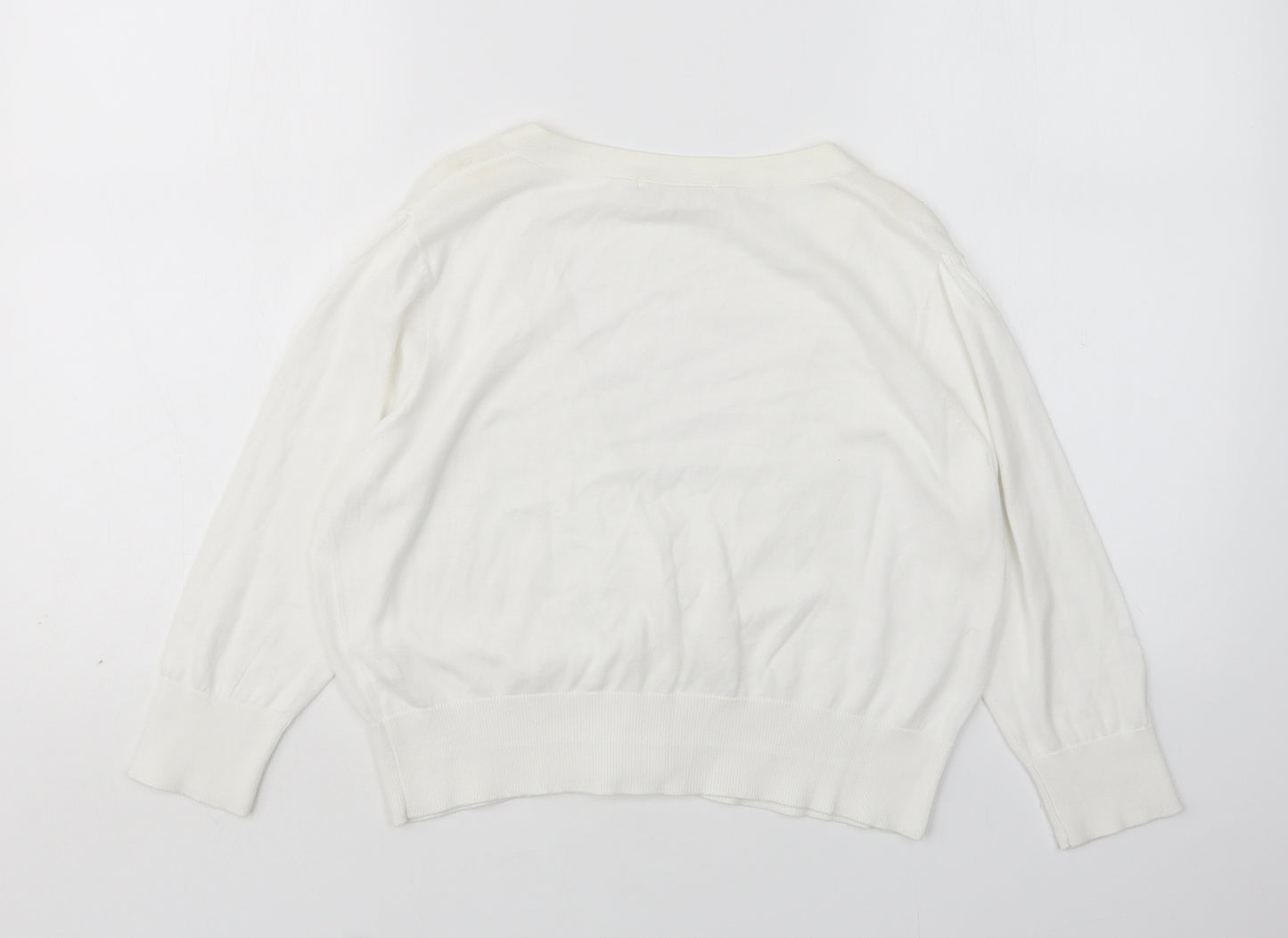 M&S Womens White V-Neck  Cotton Cardigan Jumper Size 16