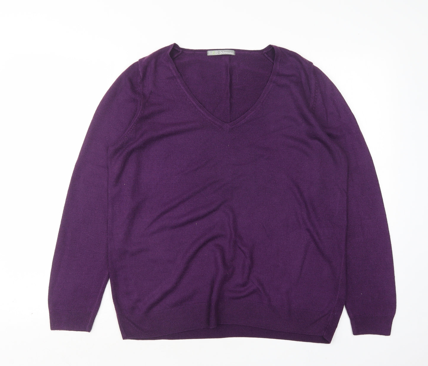 M&S Womens Purple V-Neck  Acrylic Pullover Jumper Size 16