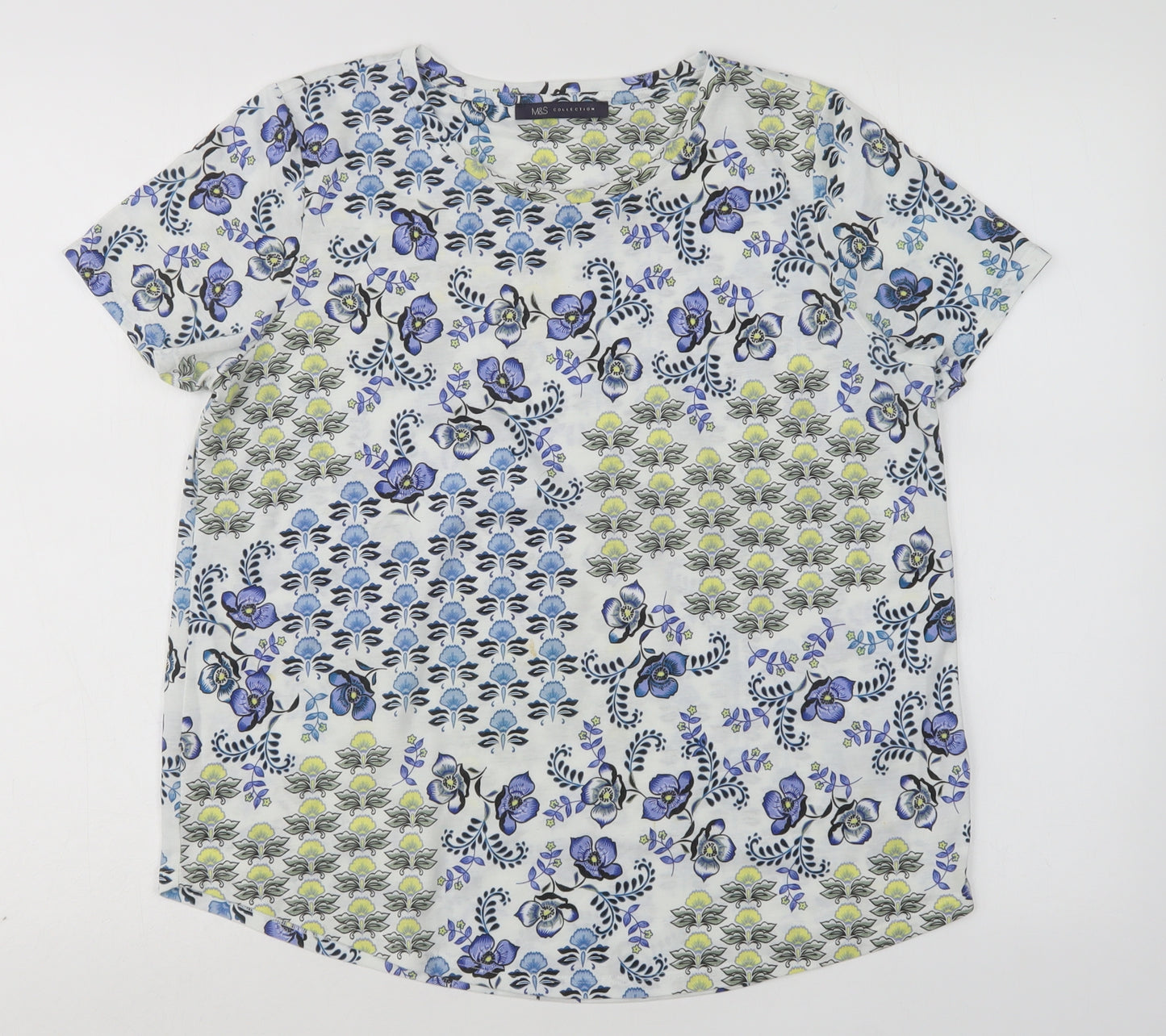 M&S Womens Multicoloured Floral Polyester Basic T-Shirt Size 14 Round Neck