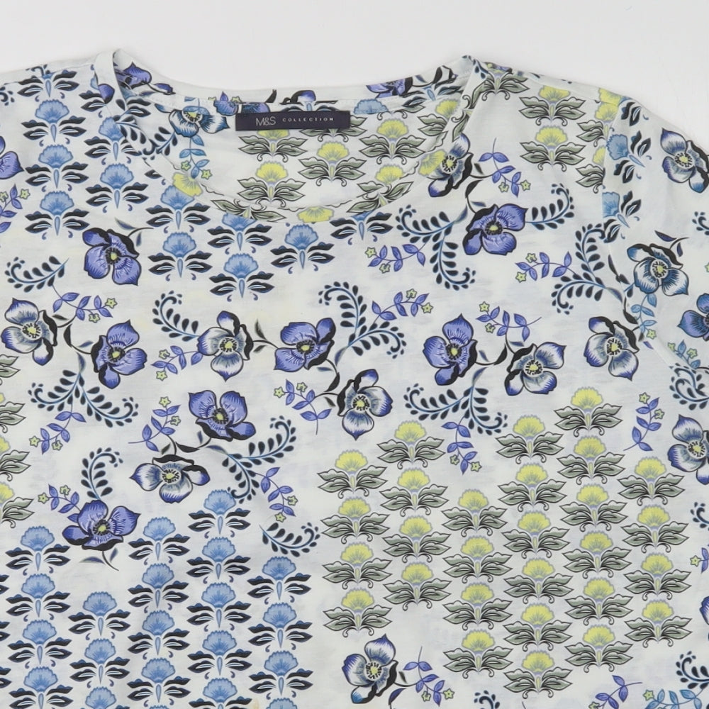 M&S Womens Multicoloured Floral Polyester Basic T-Shirt Size 14 Round Neck