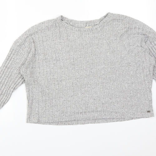 Pull&Bear Womens Grey Striped Viscose Basic T-Shirt Size L Round Neck