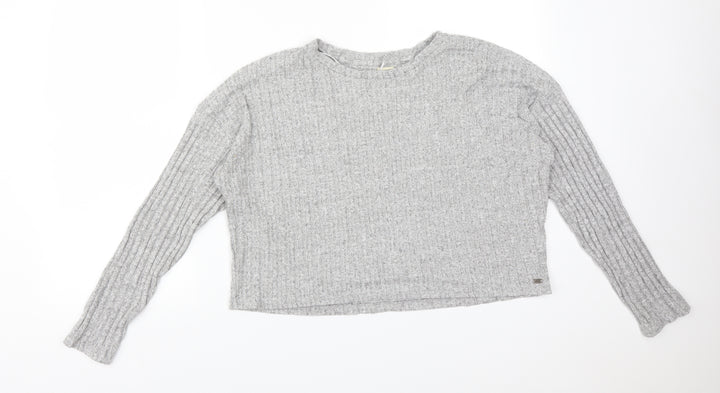 Pull&Bear Womens Grey Striped Viscose Basic T-Shirt Size L Round Neck