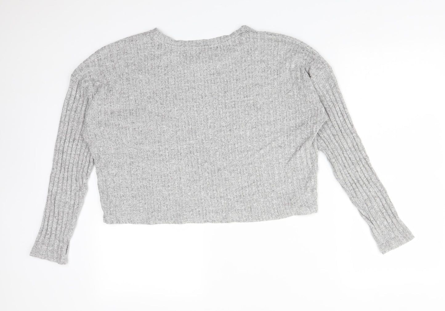 Pull&Bear Womens Grey Striped Viscose Basic T-Shirt Size L Round Neck
