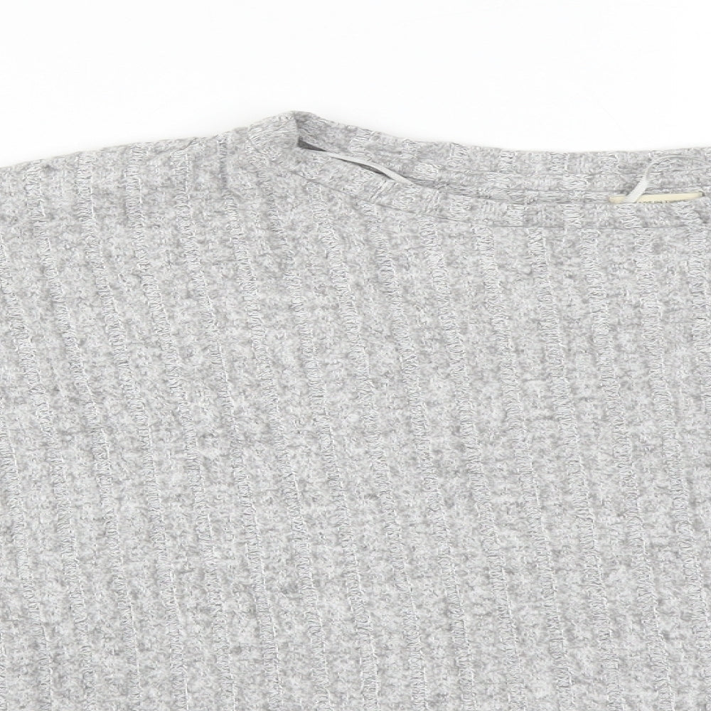 Pull&Bear Womens Grey Striped Viscose Basic T-Shirt Size L Round Neck