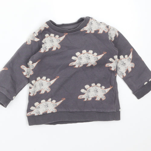 M&S Boys Grey Animal Print Cotton Basic T-Shirt Size 6-9 Months Crew Neck  - DINOSAURS