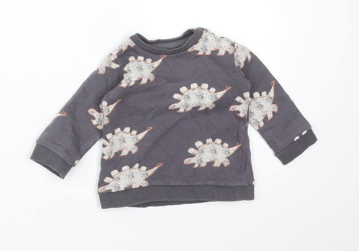 M&S Boys Grey Animal Print Cotton Basic T-Shirt Size 6-9 Months Crew Neck - DINOSAURS