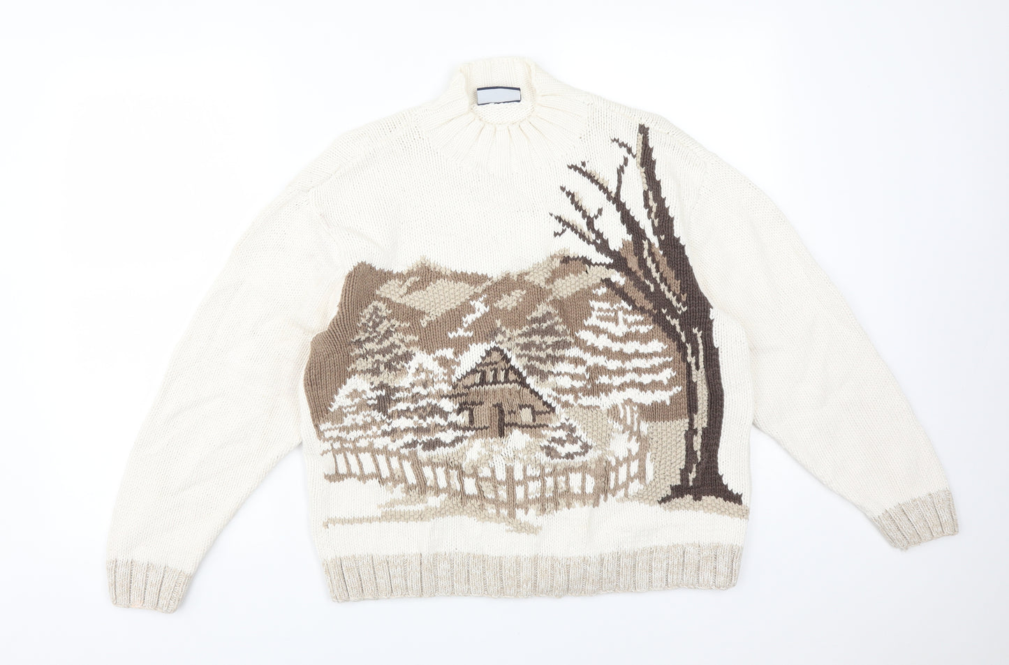 Liz Claiborne Womens White  Cotton Pullover Sweatshirt Size L   - FARMHOUSE, TREE SCENE
