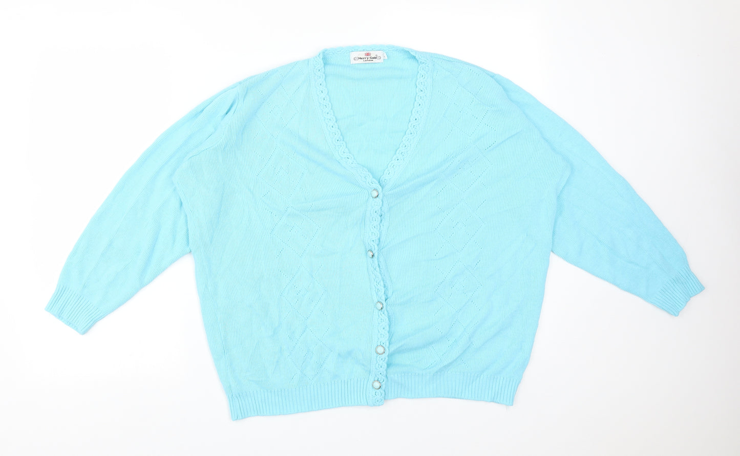 MERRY GOLD Womens Blue V-Neck Argyle/Diamond Acrylic Cardigan Jumper Size L