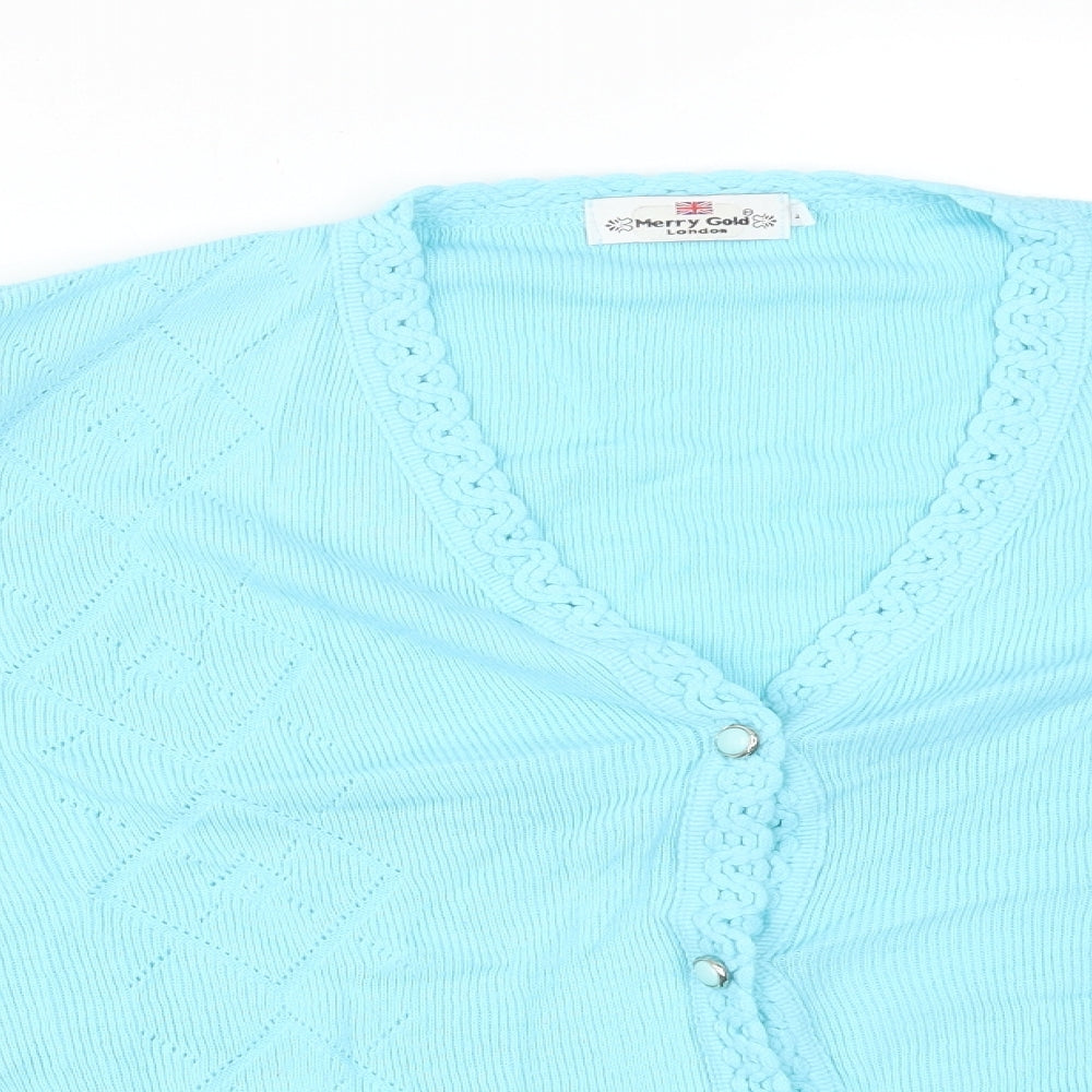 MERRY GOLD Womens Blue V-Neck Argyle/Diamond Acrylic Cardigan Jumper Size L
