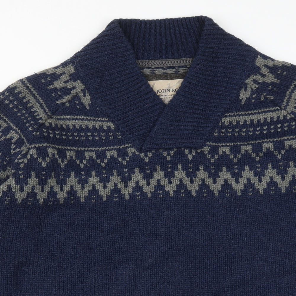 Debenhams Mens Blue V-Neck Fair Isle Acrylic Pullover Jumper Size XL