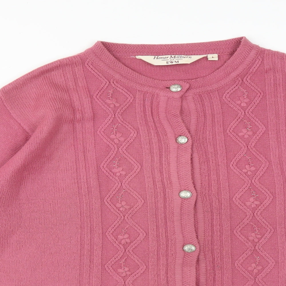 HONOR MILLBURN Womens Pink Round Neck Floral Acrylic Cardigan Jumper Size L