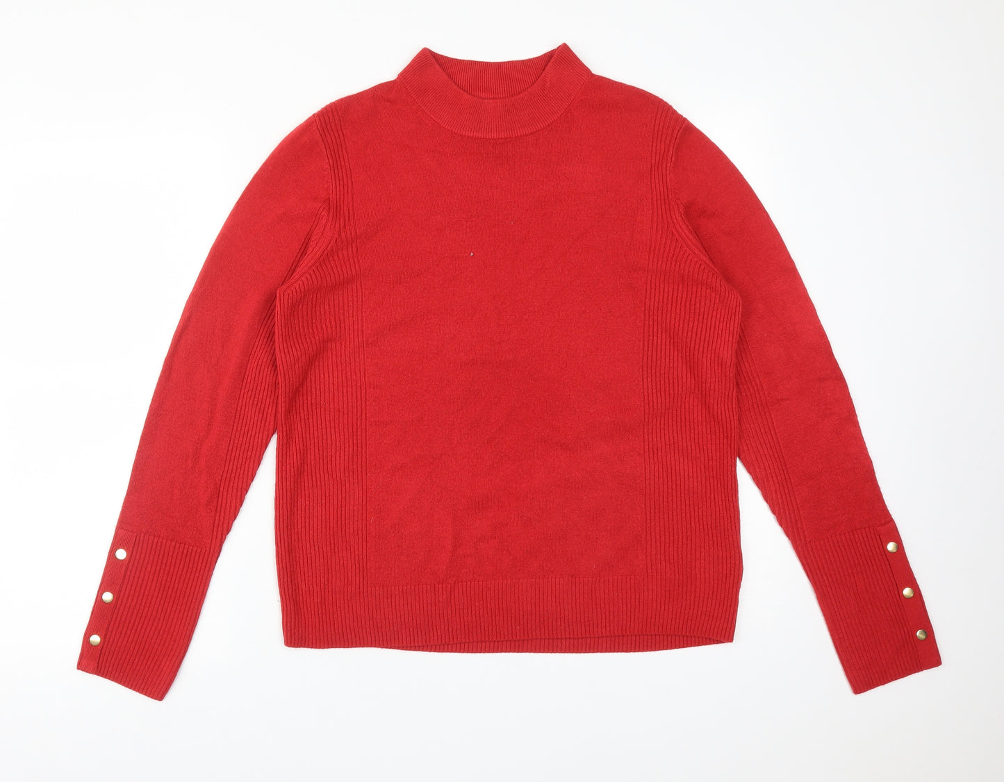 M&S Womens Red Striped Acrylic Basic T-Shirt Size 14 Mock Neck