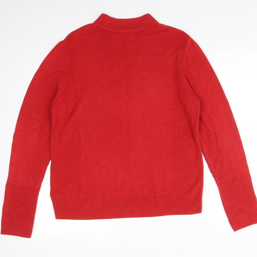 M&S Womens Red Striped Acrylic Basic T-Shirt Size 14 Mock Neck