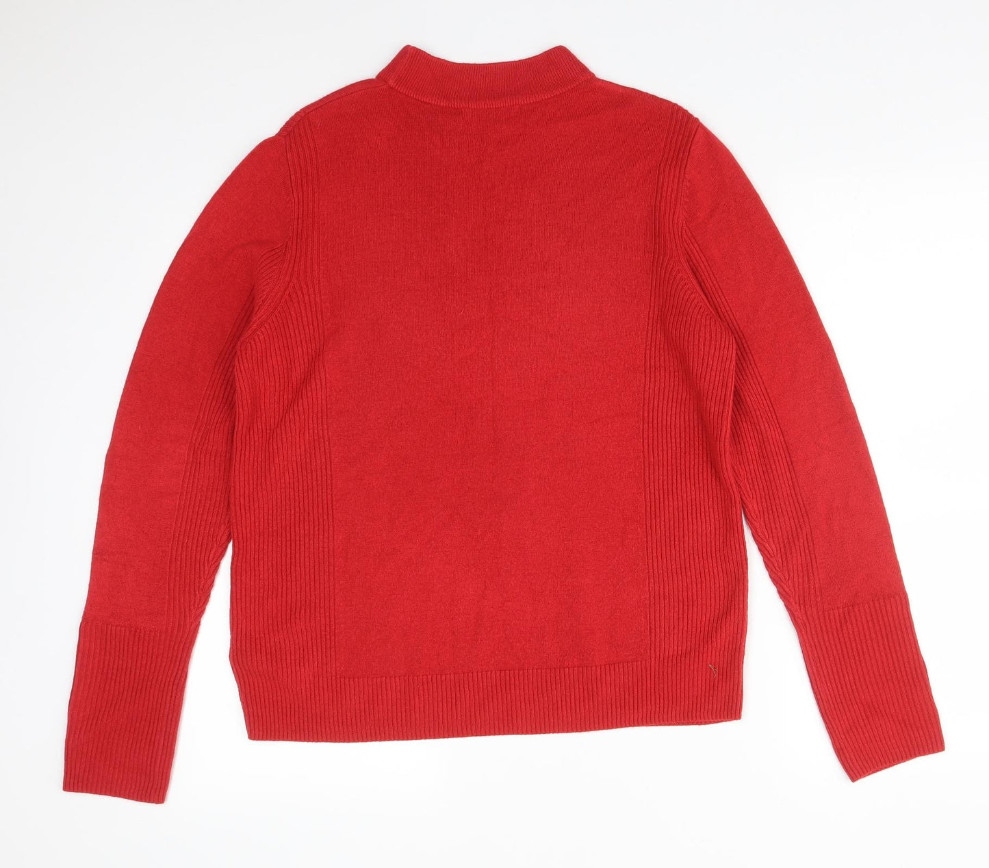 M&S Womens Red Striped Acrylic Basic T-Shirt Size 14 Mock Neck