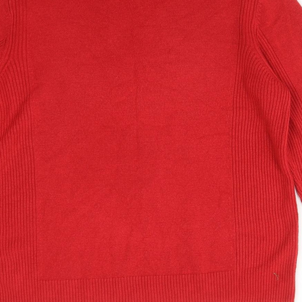 M&S Womens Red Striped Acrylic Basic T-Shirt Size 14 Mock Neck