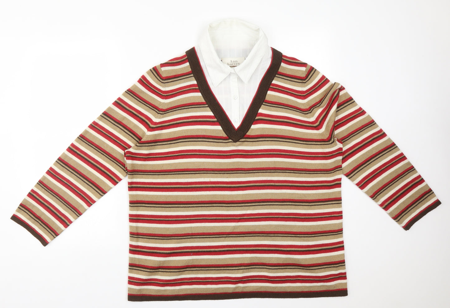 Ann Harvey Womens Multicoloured Striped Acrylic Basic T-Shirt Size 18 Collared