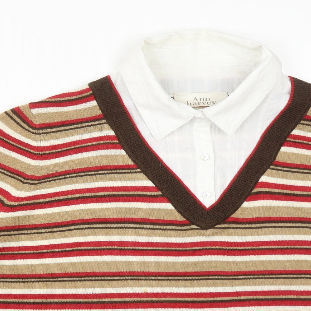 Ann Harvey Womens Multicoloured Striped Acrylic Basic T-Shirt Size 18 Collared