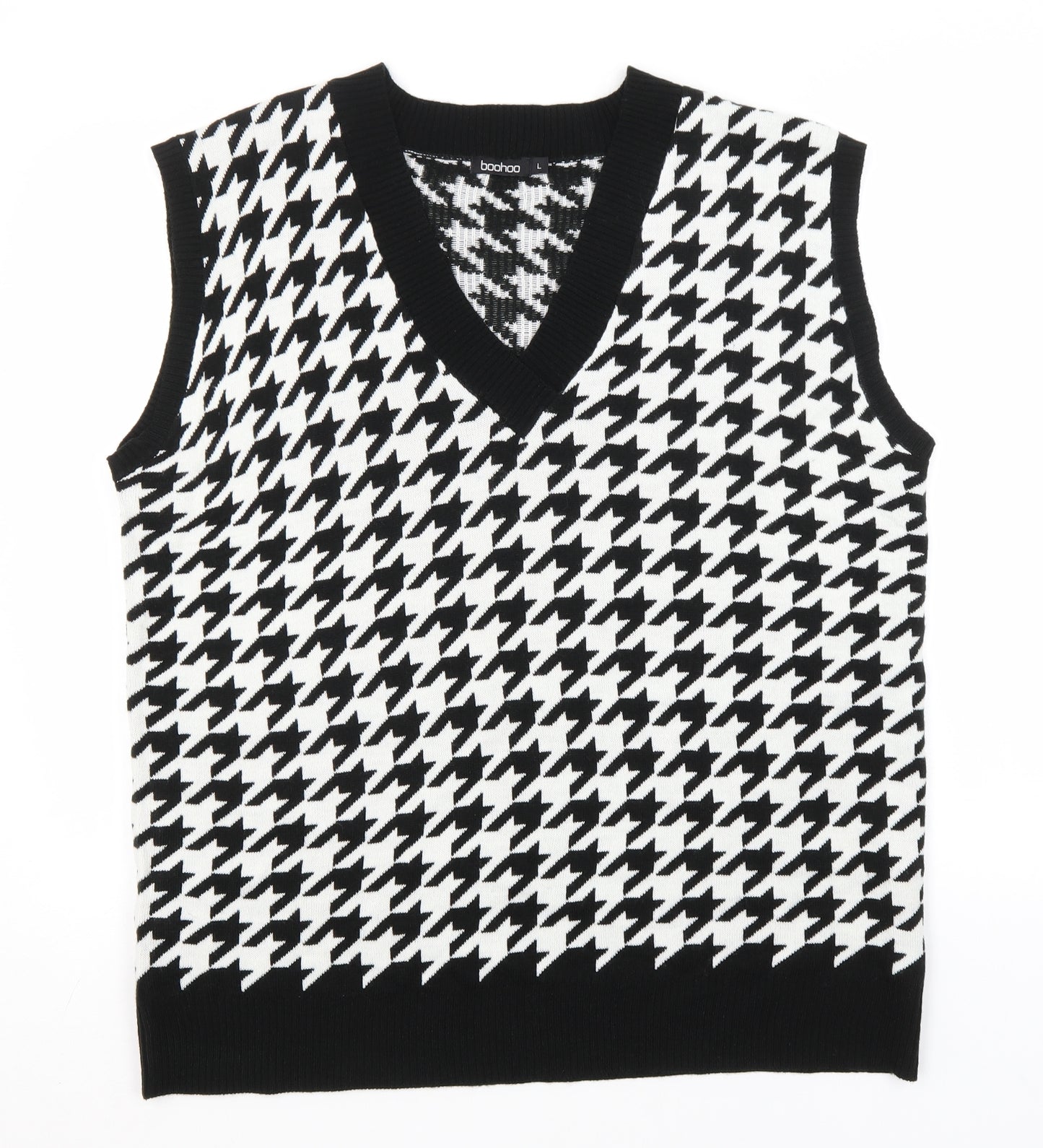 Boohoo Mens White V-Neck Houndstooth Acrylic Pullover Jumper Size L