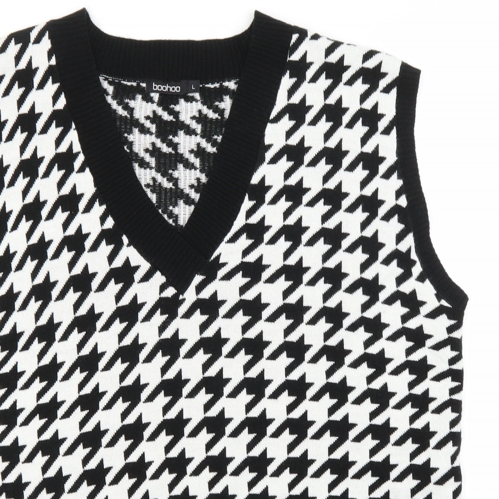 Boohoo Mens White V-Neck Houndstooth Acrylic Pullover Jumper Size L