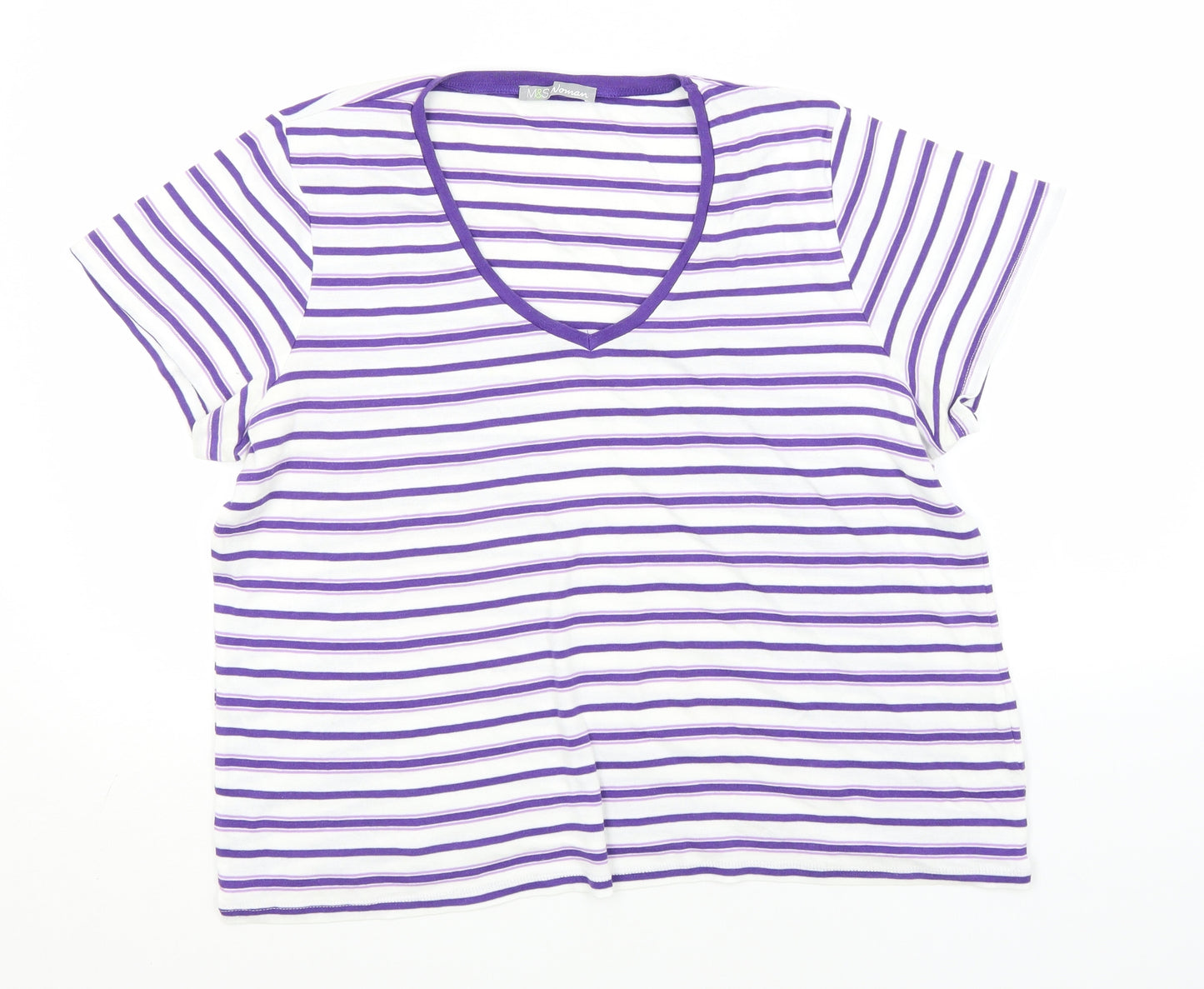 Marks and Spencer Womens White Striped Cotton Basic T-Shirt Size 22 V-Neck
