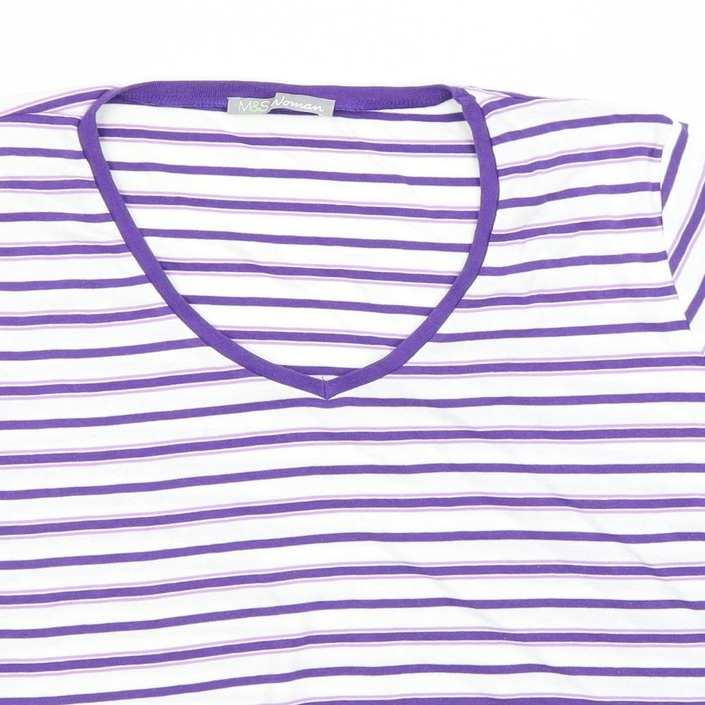 Marks and Spencer Womens White Striped Cotton Basic T-Shirt Size 22 V-Neck