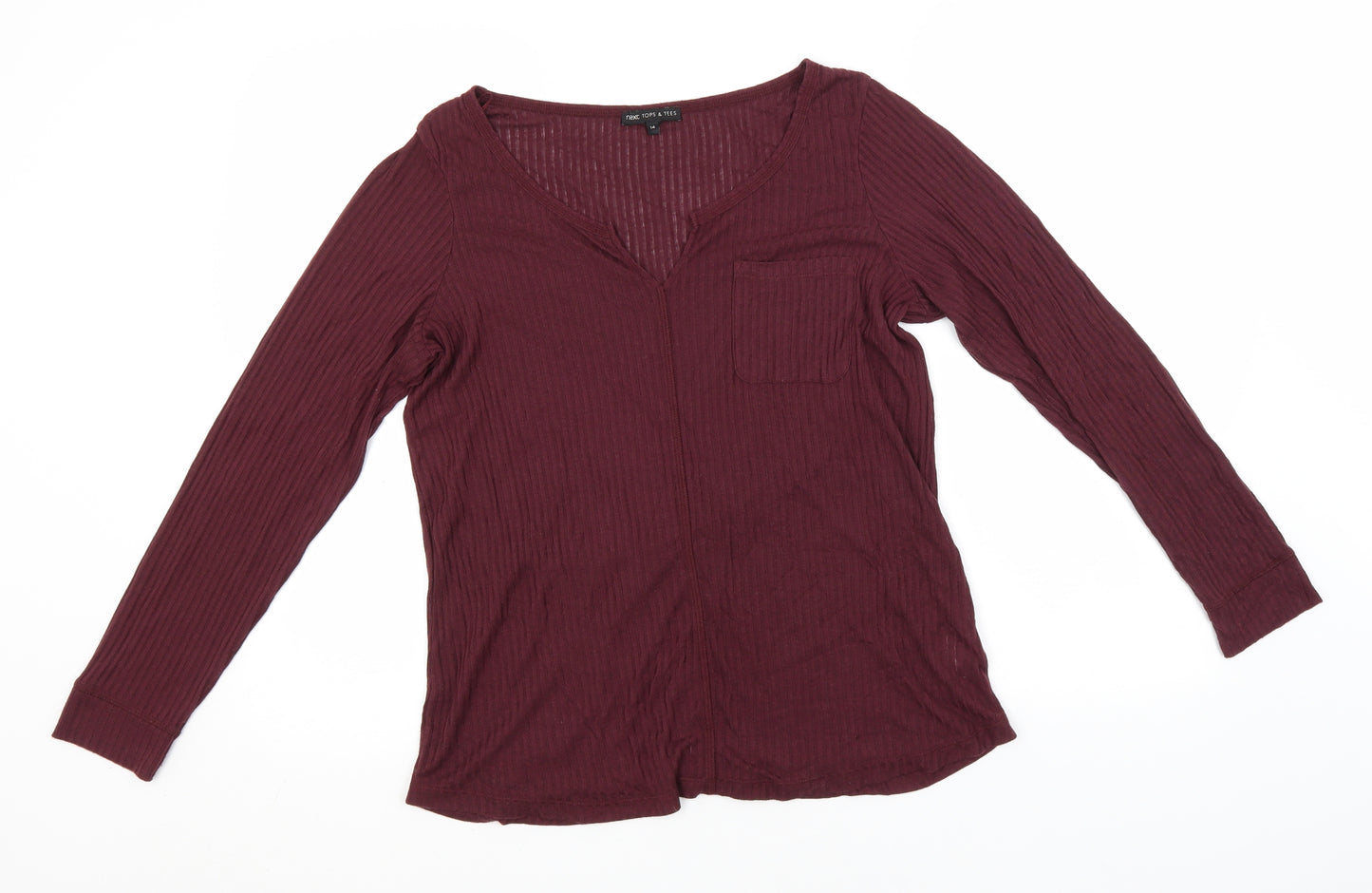 NEXT Womens Red Striped Viscose Basic T-Shirt Size 14 V-Neck