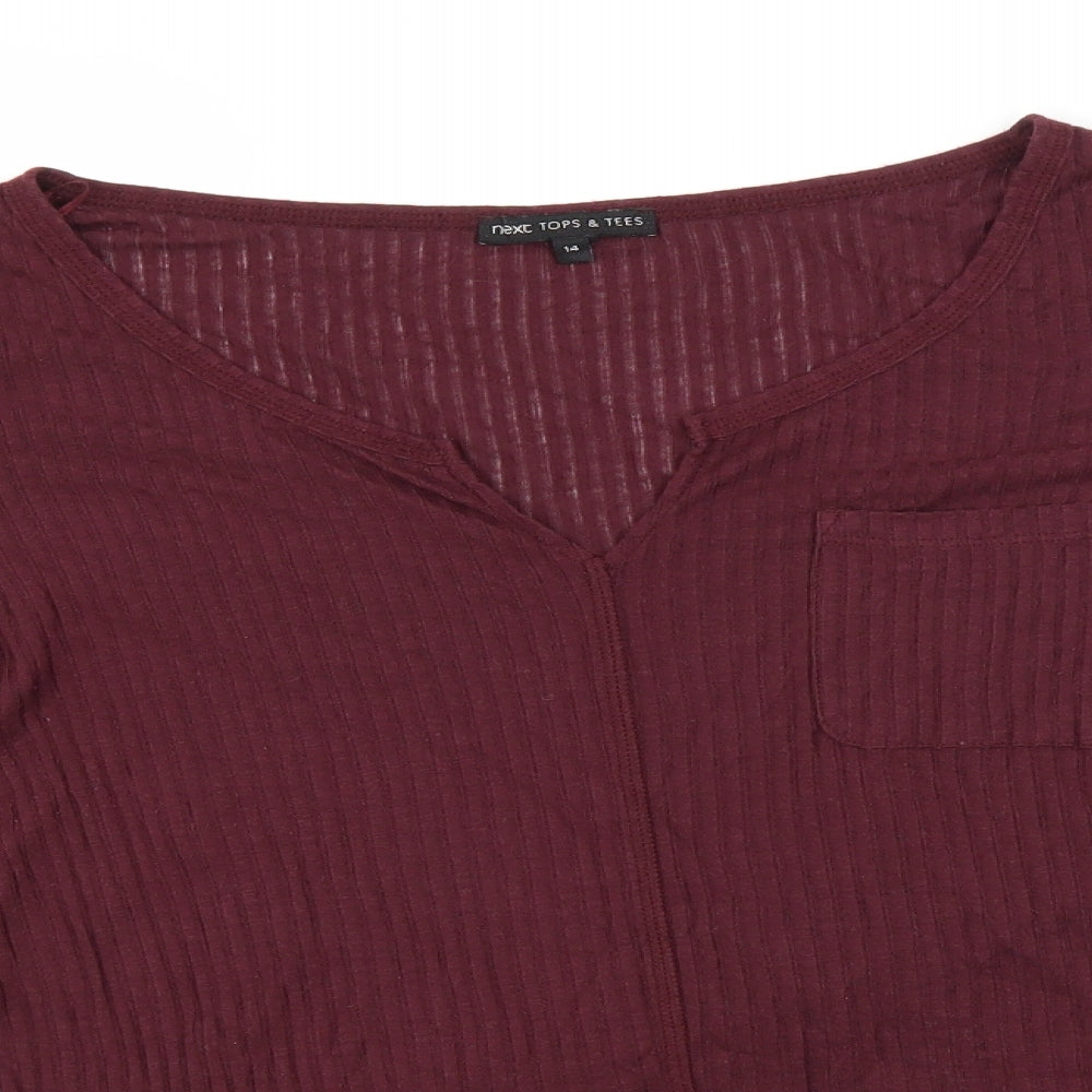 NEXT Womens Red Striped Viscose Basic T-Shirt Size 14 V-Neck