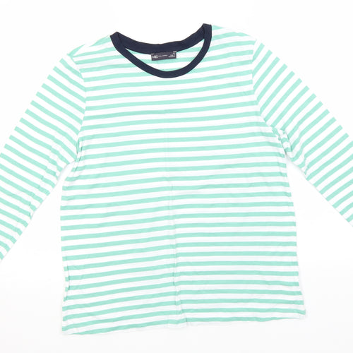 Marks and Spencer Womens Green Striped Cotton Basic T-Shirt Size 14 Round Neck