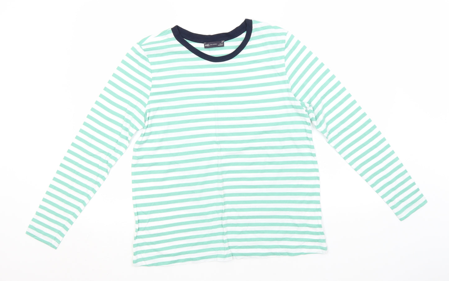 Marks and Spencer Womens Green Striped Cotton Basic T-Shirt Size 14 Round Neck