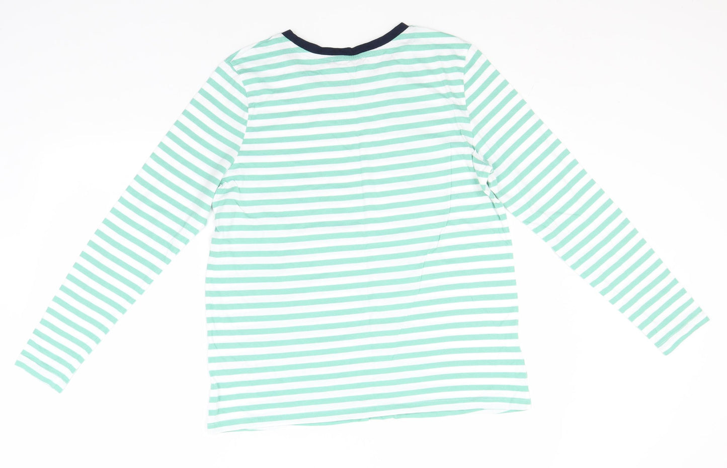 Marks and Spencer Womens Green Striped Cotton Basic T-Shirt Size 14 Round Neck