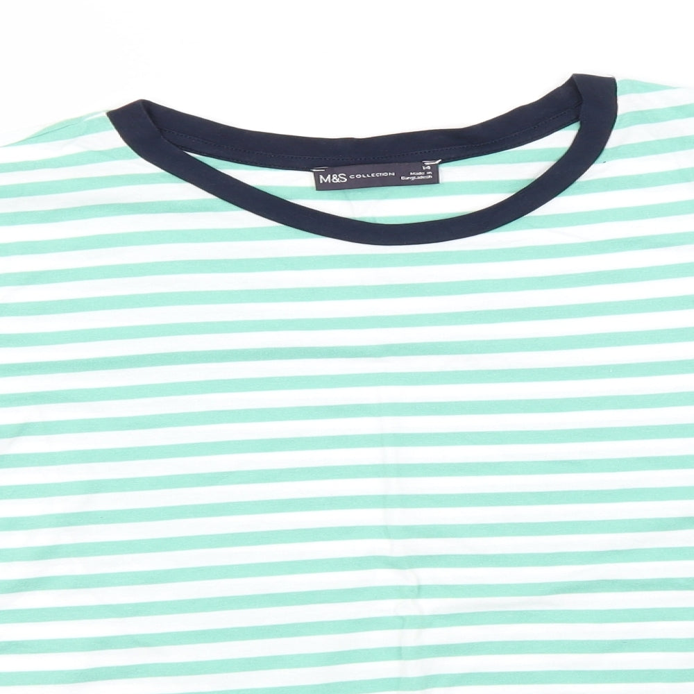 Marks and Spencer Womens Green Striped Cotton Basic T-Shirt Size 14 Round Neck