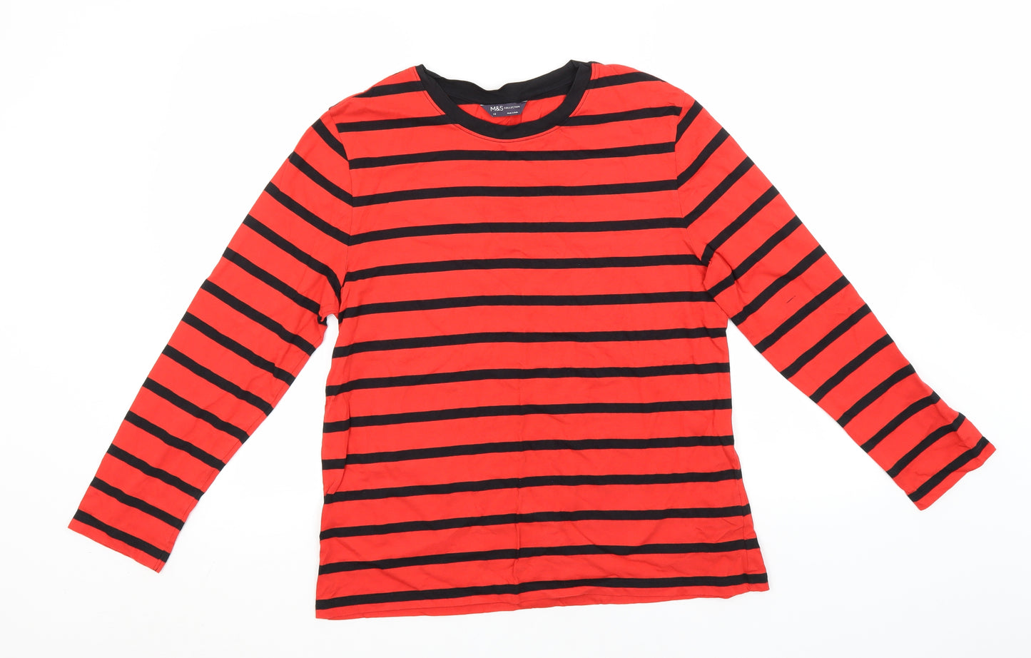 Marks and Spencer Womens Red Striped Cotton Basic T-Shirt Size 14 Round Neck