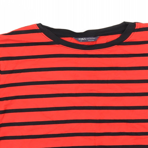 Marks and Spencer Womens Red Striped Cotton Basic T-Shirt Size 14 Round Neck