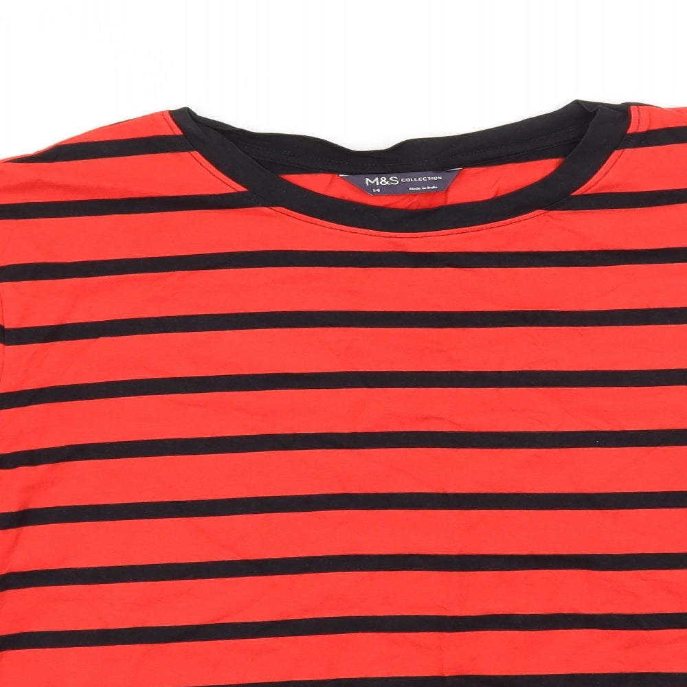 Marks and Spencer Womens Red Striped Cotton Basic T-Shirt Size 14 Round Neck